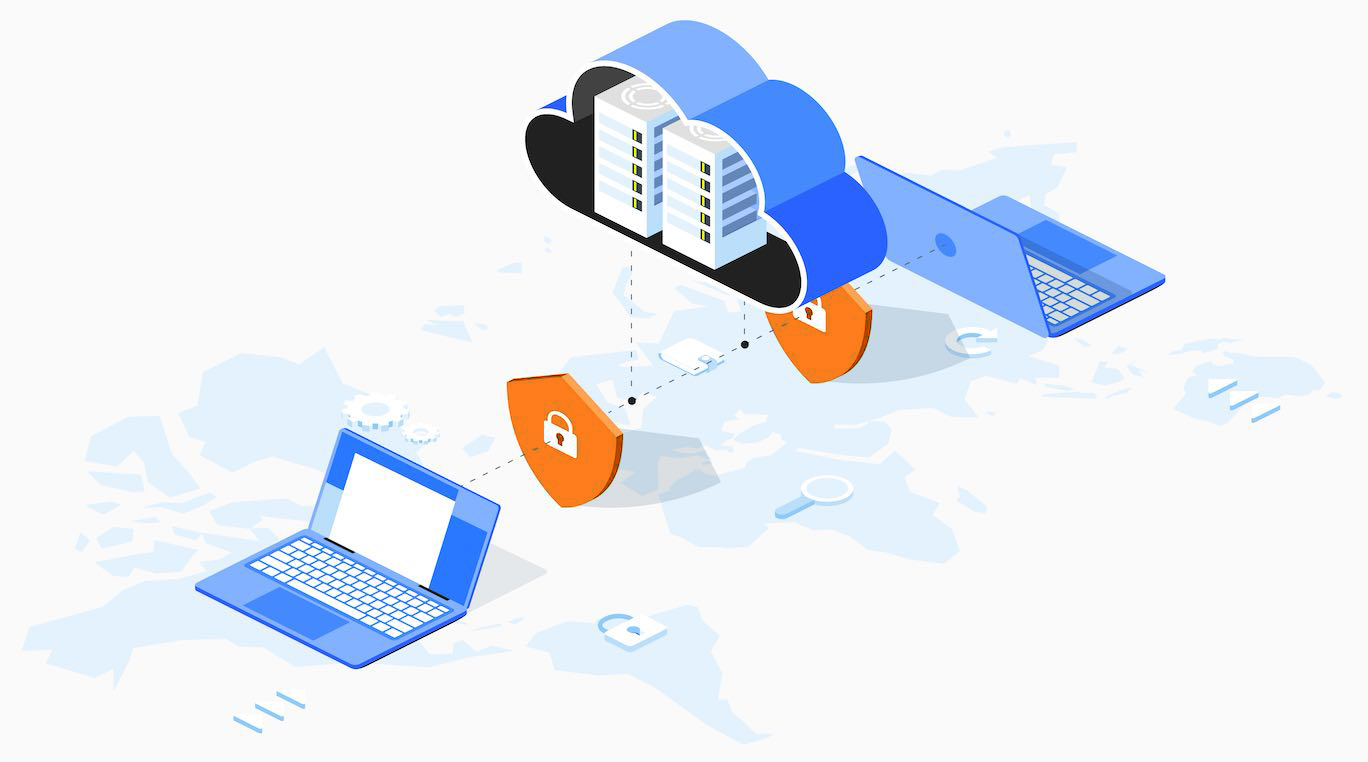 Infographic illustration of secure cloud hosting. Isometric cloud with a server inside and shields with locks. The metaphor of a secure connection with the cloud service. Global work on the world map.